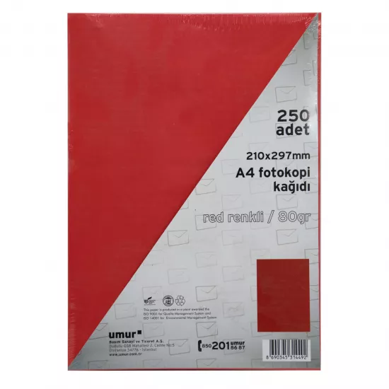 Kağız 80 qr A4 250 əd rəngli qırmızı