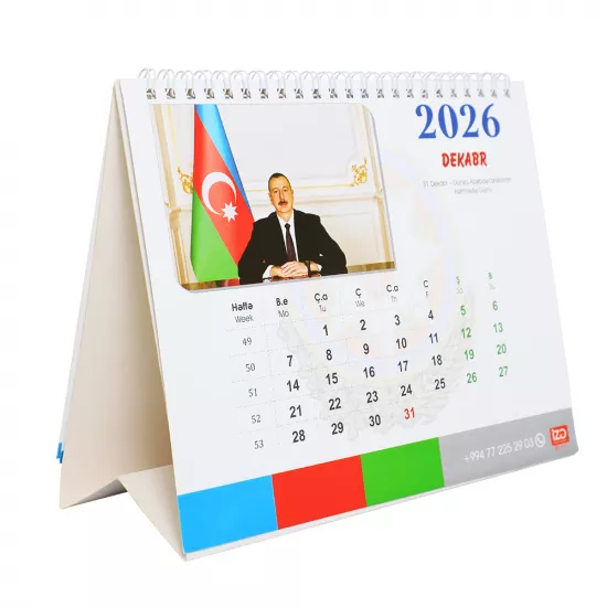 Təqvim masaüstü üçbucaq spirallı 2026 İ.Əliyev